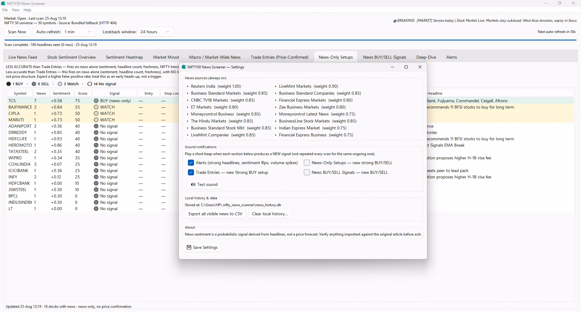 Alerts tab logging strong headlines, sentiment flips and news volume spikes