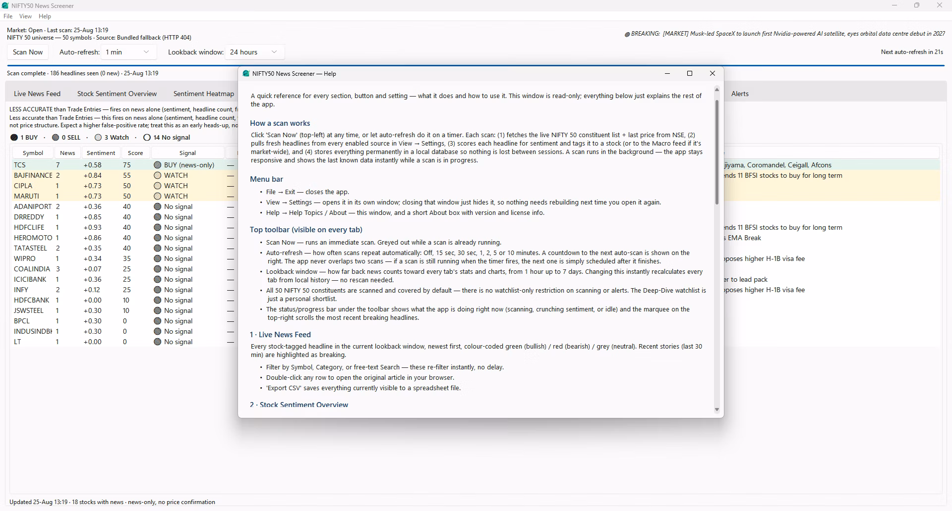 Alerts tab logging strong headlines, sentiment flips and news volume spikes