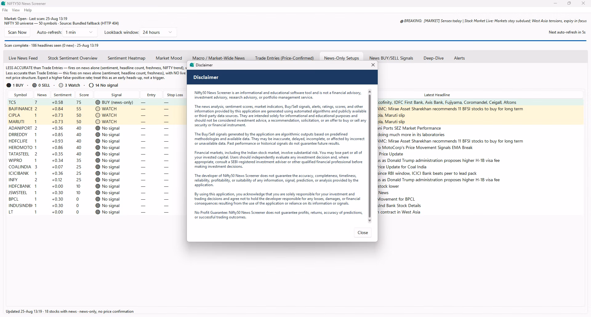 Alerts tab logging strong headlines, sentiment flips and news volume spikes