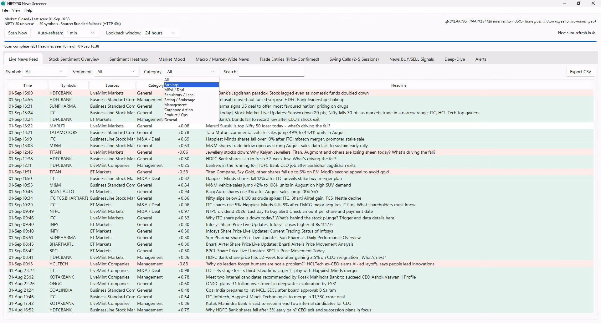 Alerts tab logging strong headlines, sentiment flips and news volume spikes