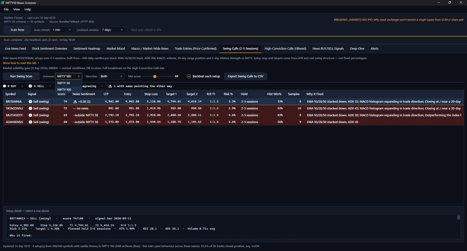 Universe Selection screen in the Nifty 50 News Screener Windows application